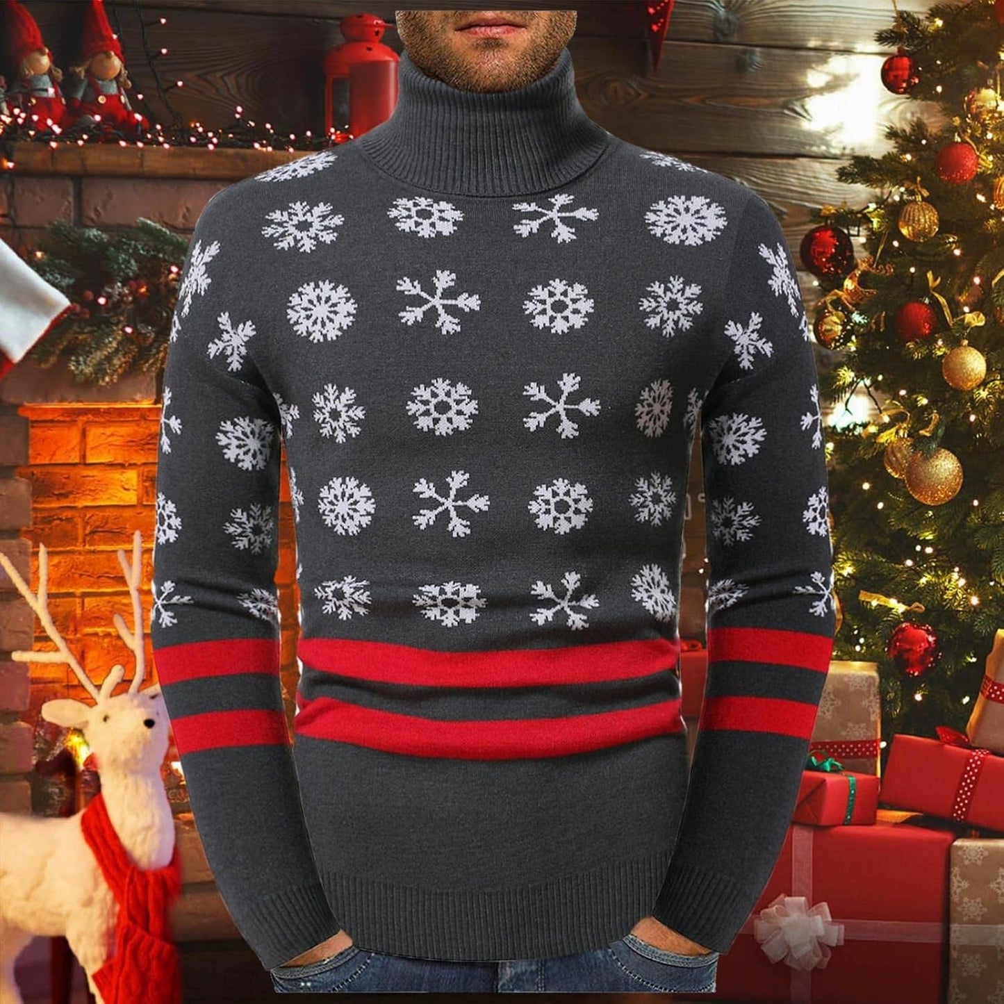 Men'S Novelty Christmas Ugly Sweater Turtleneck Thermal Snowflake Printed Long Sleeve Hoodie Pullover