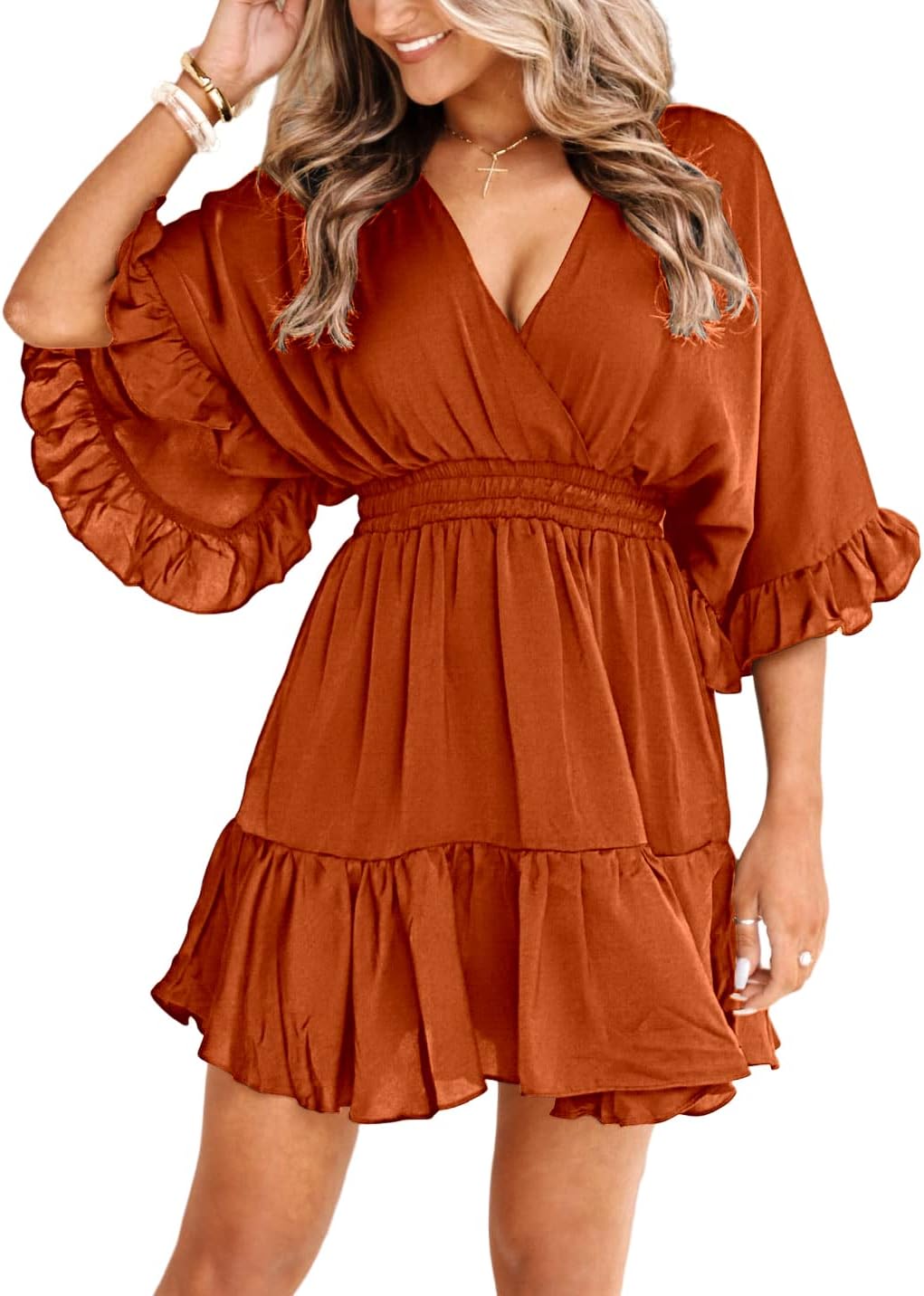 Womens V Neck Casual Dresses Summer Loose High Waist Ruffle Pleated Cute Mini Short Dress