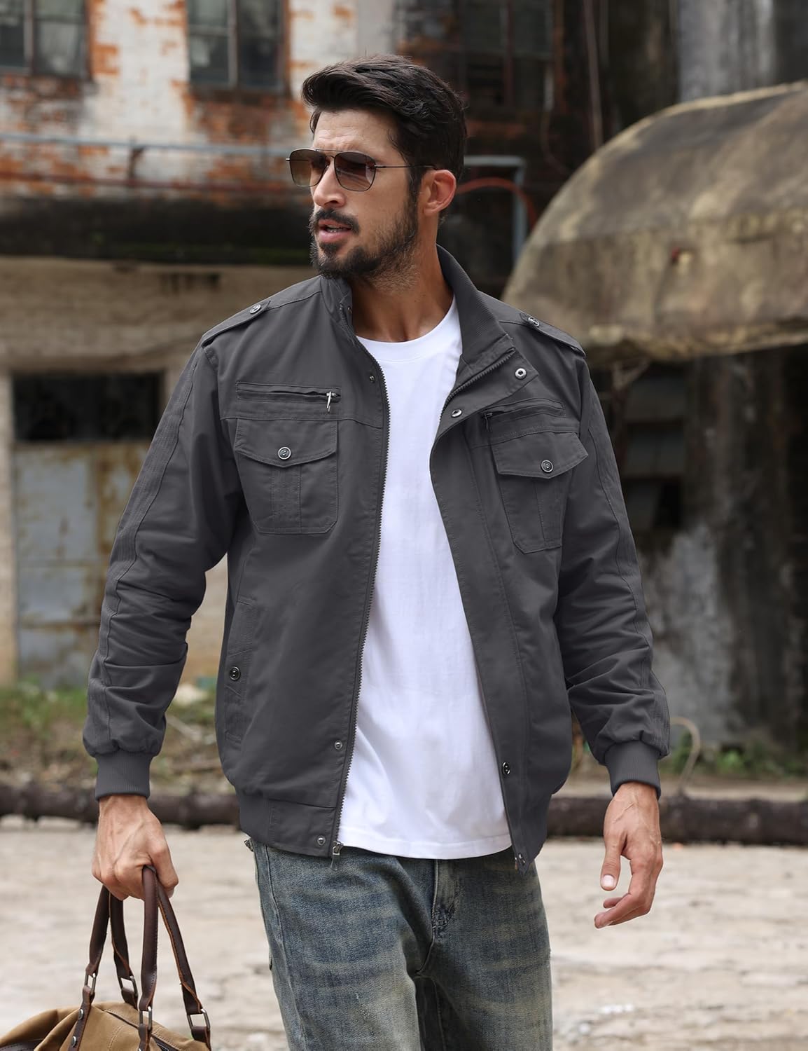 Men'S Military Lightweight Jacket Army Cargo Windbreaker Zip Front Stand Collar Cotton Jackets with Multi Pockets